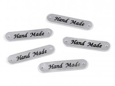 Applikation aus Kunstleder Silbermetallic Schrift Hand Made ca. 10x48 mm